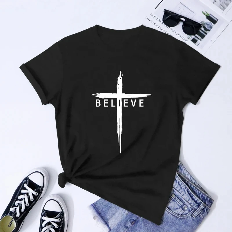 Believe Christian Cross T-shirt Scripture Unisex Jesus Christ Tshirt Wo Religious Inspiring Faith Bible Tee Shirt Top