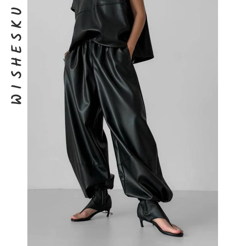 النساء عالية الخصر بولي PU مستقيم شعاع قدم السراويل الرجعية لينة الشرير فو الجلود بناطيل كاجوال 2025 خريف شتاء الجنية الجرونج الملابس