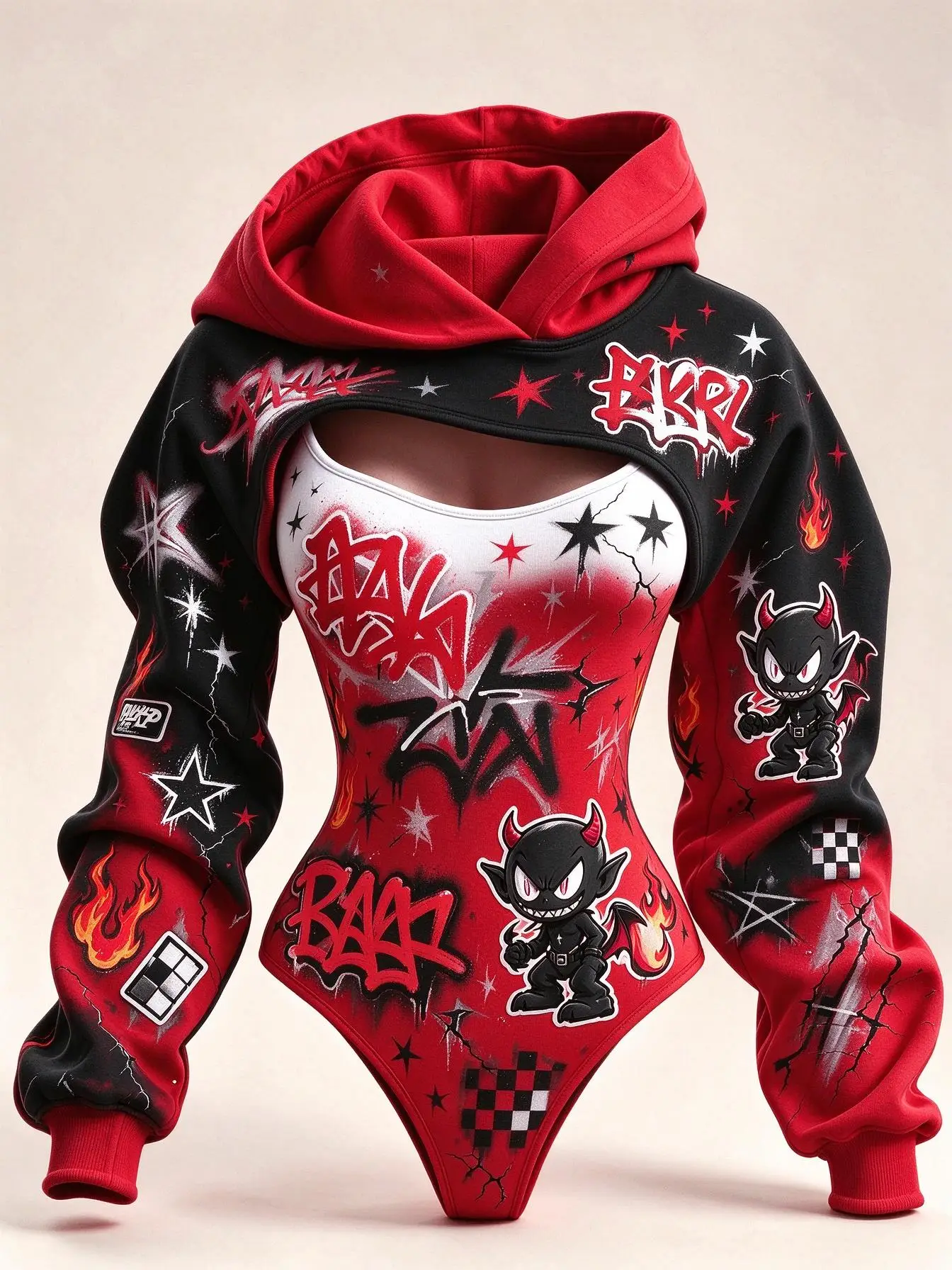 Women 2Pcs Pink Cute Devil Graffiti Star Flame Print Bodysuit + Hooded Shrug Halloween Costume