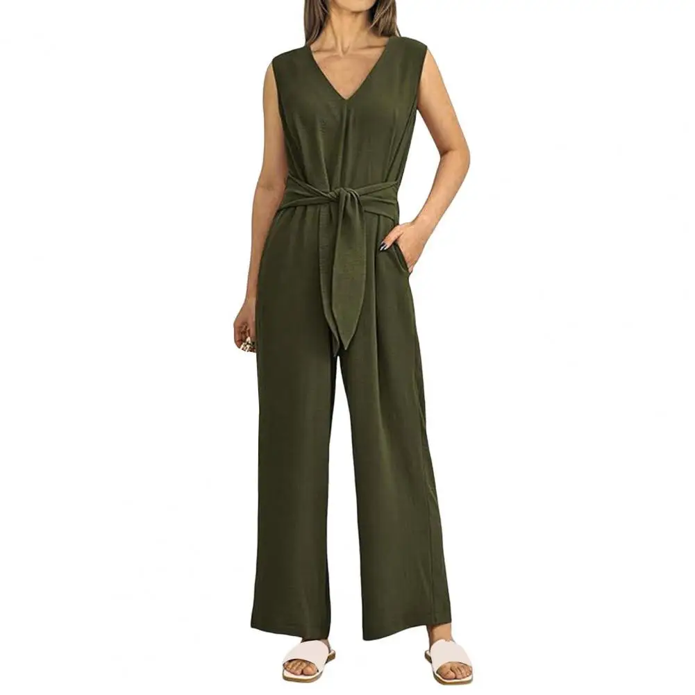 

Women Jumpsuit Stylish Women's V-neck Jumpsuit Wide-leg Lace-up Waist Pockets Chic Ankle-length Commute Outfit Lady Jumpsuit