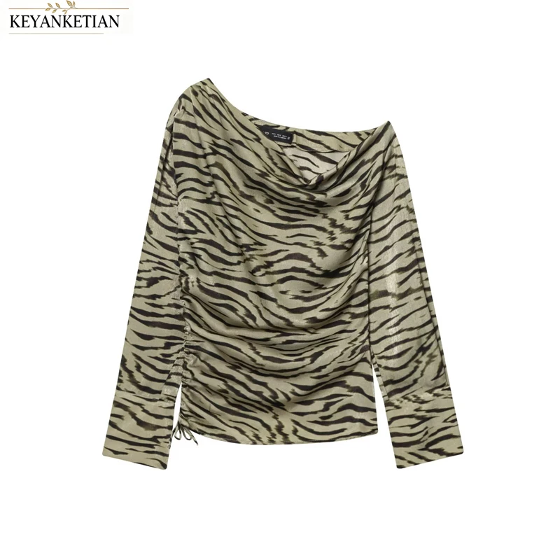 KEYANKETIAN 2026 Autumn Vintage Animal Print Blouse Asymmetric Cowl Neck Side Drawstring Slim Long Sleeve Women Side Zipper Top