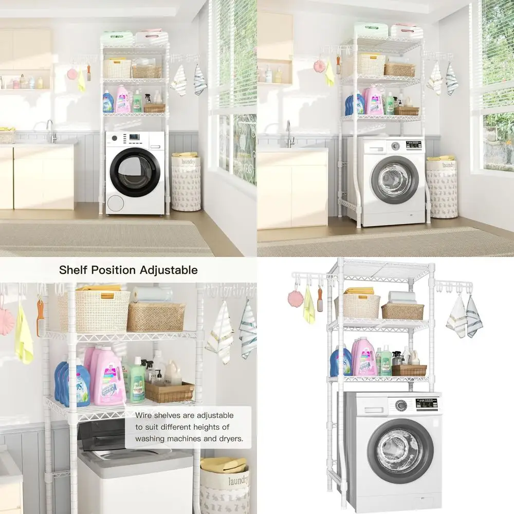 منظم تخزين مجفف الغسيل فوق الغسالة، 29.5 عرض × 17.3 عمق × 76.2 ارتفاع، يناسب آلات 27.1 وات، سعة تصل إلى 304 رطل، أبيض