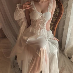 Sexy Long Wedding Twinset Robe Set Nightgown Patchwork Lace Suspender Nightdress Summer Bathrobe Gown Loose Silk Satin Homewear