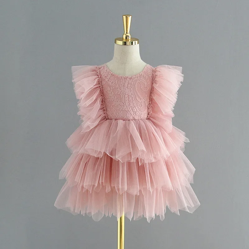 Girls Ruffle Sleeve Lace Bodice Tiered Tulle Dress Ideal For Flower Girl Duties Birthday Celebrations Piano Performances And Wed
