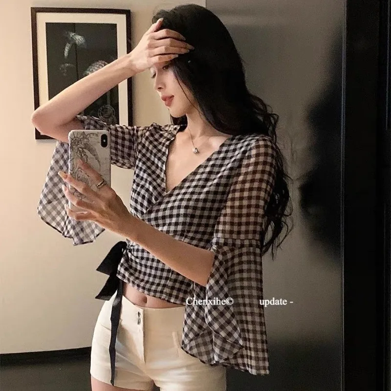 

Women Summer Simplicity Slim Appear Thin Lacing V-neck Short Sleeve Shirts Ladies Fashion Office Lady All-match Temperament Tops