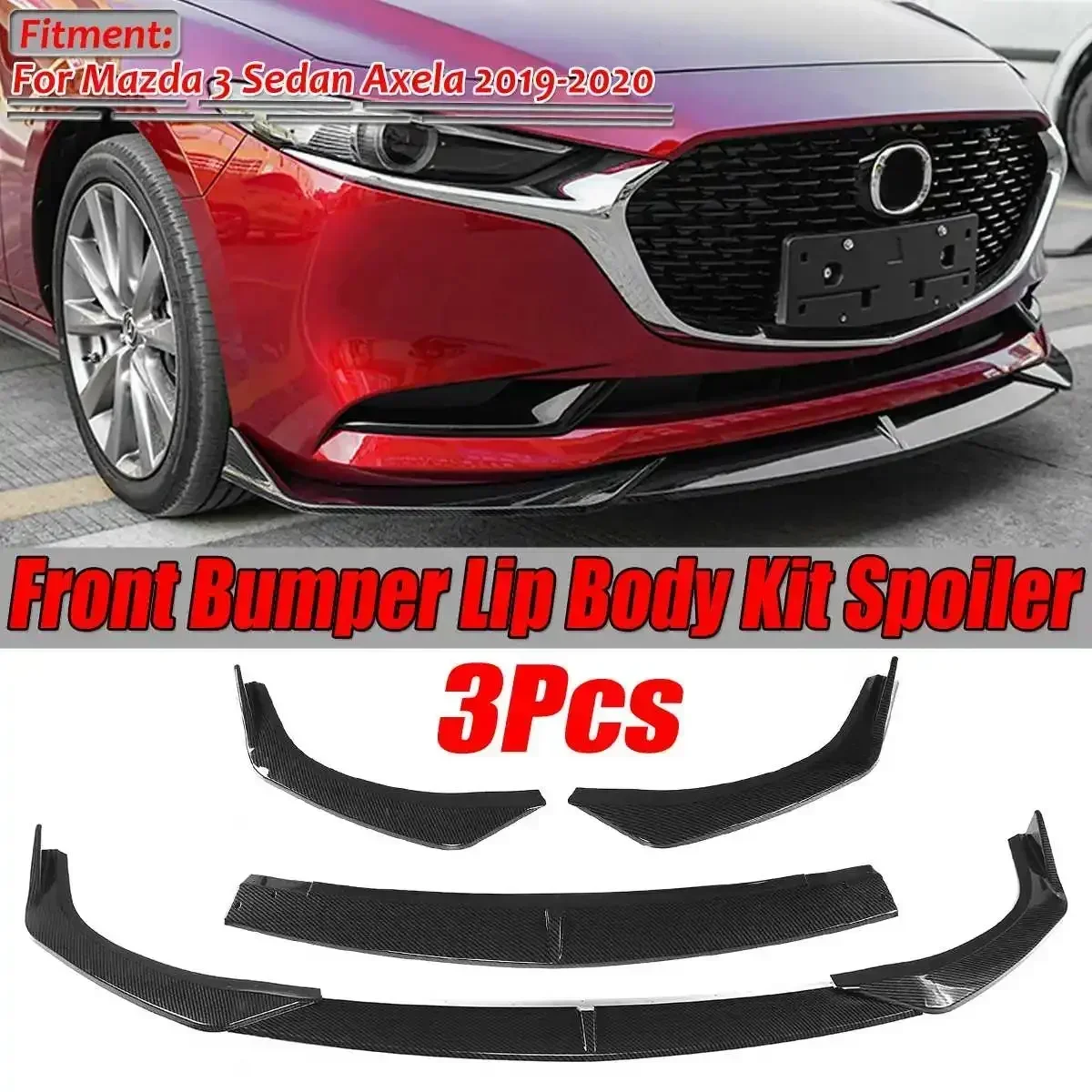3PCS Carbon Fiber Look/Black Car Front Bumper Lip Diffuser Spoiler Guard Cover Trim For Mazda 3 Sedan Axela 2019 2020 Body Kit