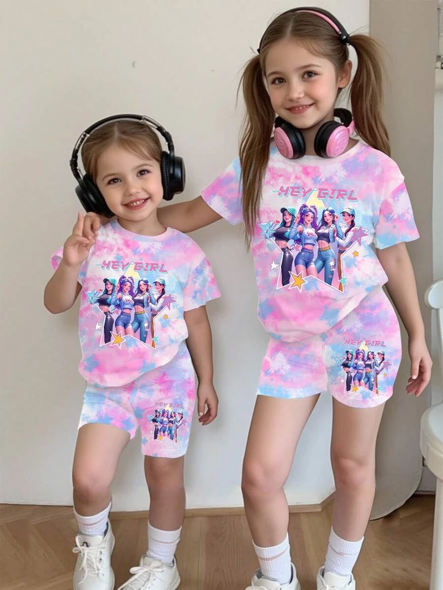 Girls 2Pcs Outfit, Pink Blue Tie Dye 