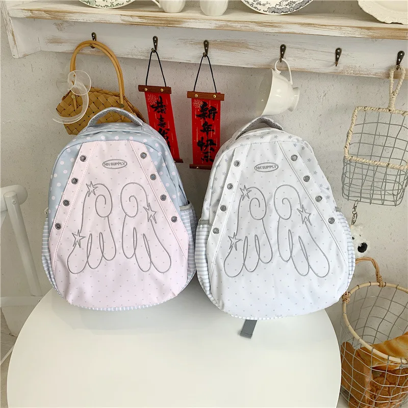 Girls' Cute Backpack Female Korean Niche Polka Dot Star Embroidery Schoolbag Travel Lightweight Student Backpacks