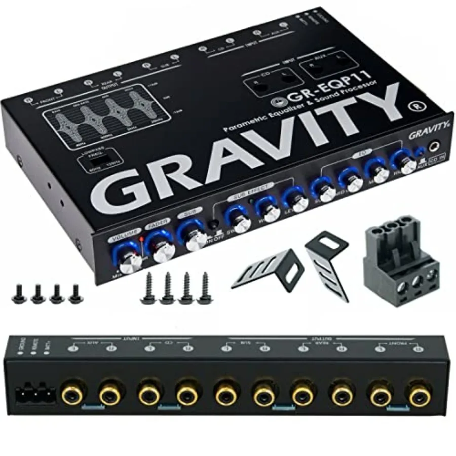 Car audio parametric equalizer for bass enhancement, aluminum chassis, black finish, 4-way adjustable with front/rear/sub outpu