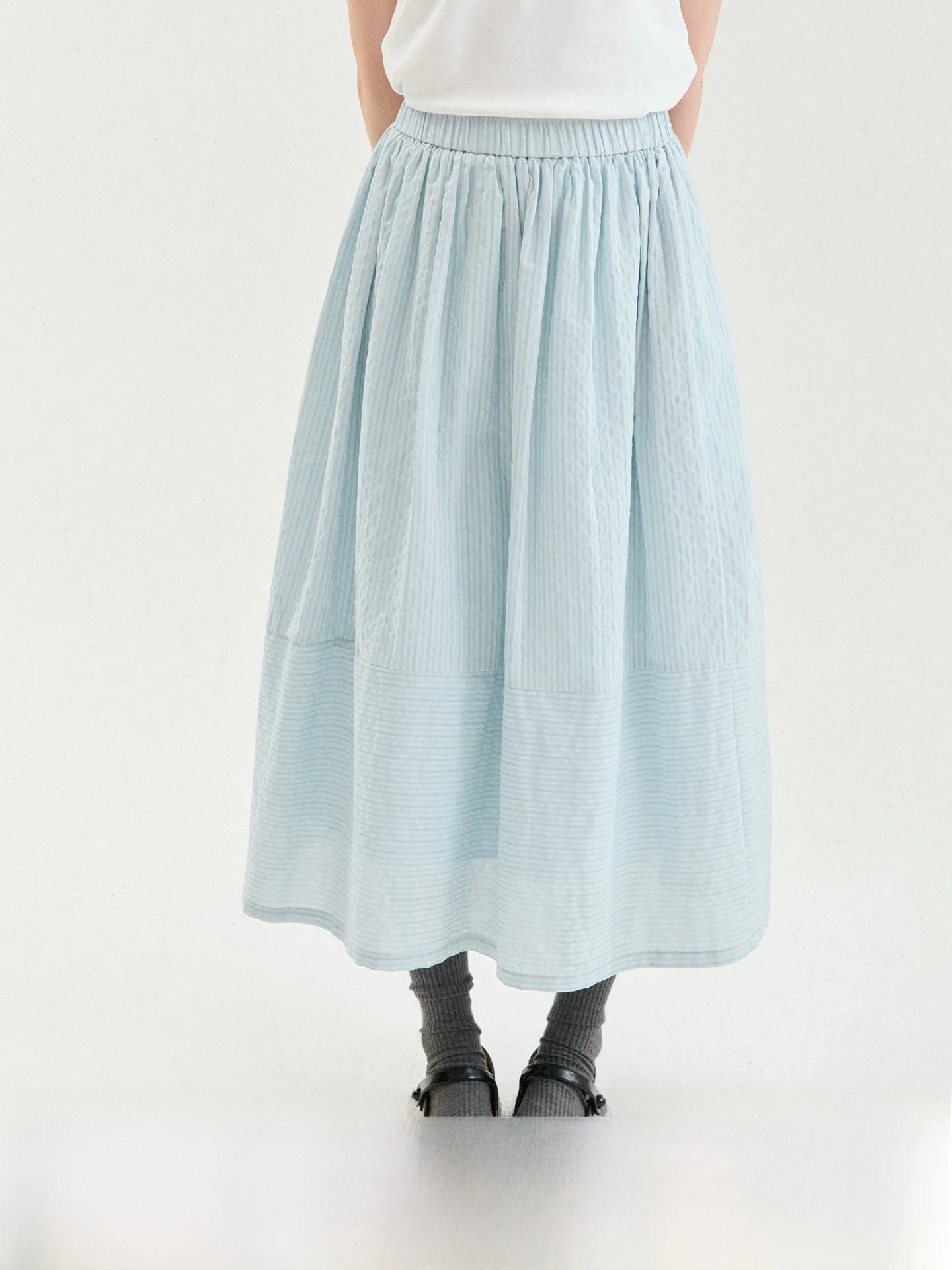 Blue Striped A-Line Midi Skirt Women's Summer New Elastic Waist High Waist Commute Style Korean Version Floral Embroidery
