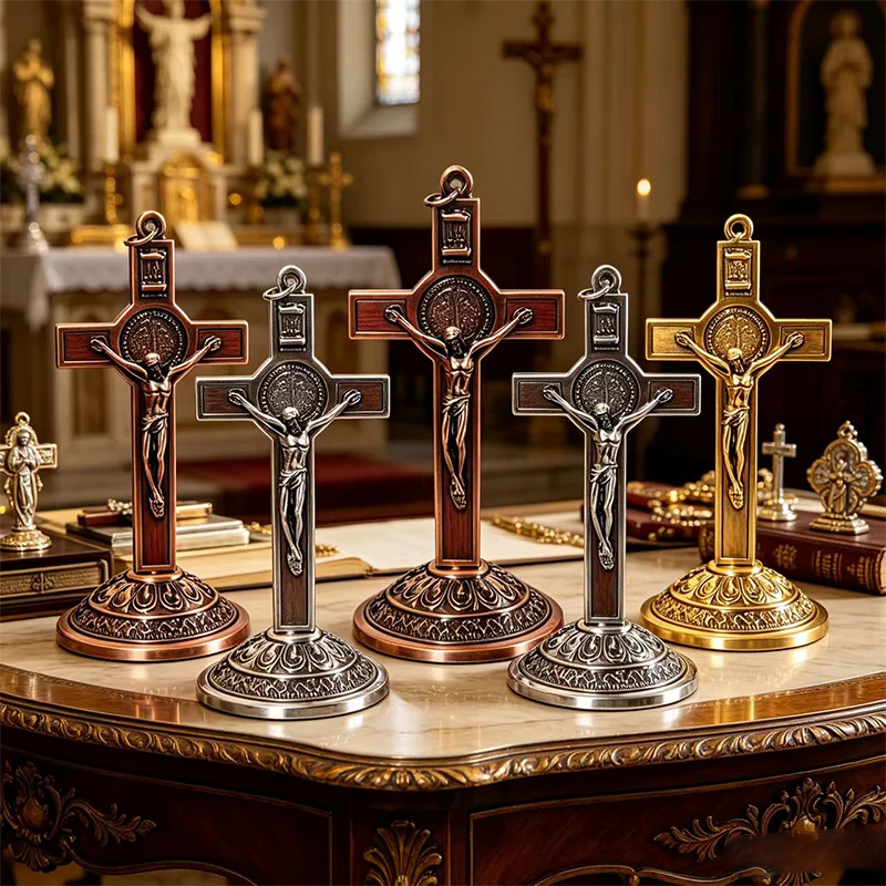 New Ornate Multi Tone Metal St Benedict Standing Crucifix with Wood Inlay for Orthodox Christian Altar Prayer Tabletop Decor