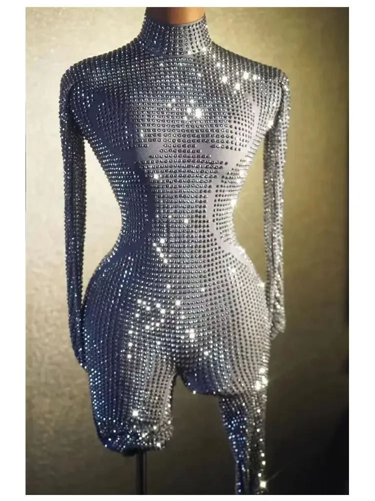 

Women Nightclub Singer Dancer Stage Performance Costume Party Birthday Rompers Sparkly Full Rhinestones Long Sleeve Jumpsuit