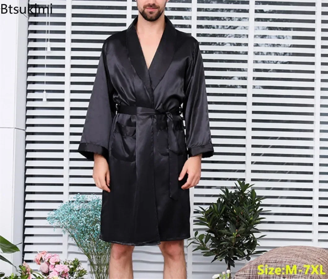 2024 Men\'s Summer Thin Pajamas Robes Men\'s Homewear Long Sleeve Kimono Bathrobe Black Silk Satin Sleepwear Male Lounge Nightwear