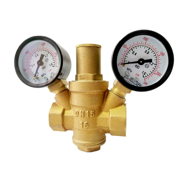 Válvula reductora de agua ajustable de dos manómetros, válvulas reguladoras de manómetro de latón con rosca hembra