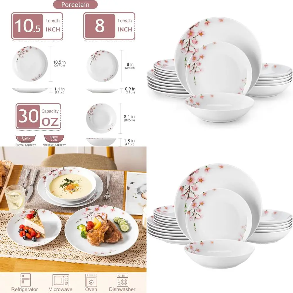 

6-Person Porcelain Dinnerware Set with Pink Floral Design, Microwave & Dishwasher Safe, Series ANNIE