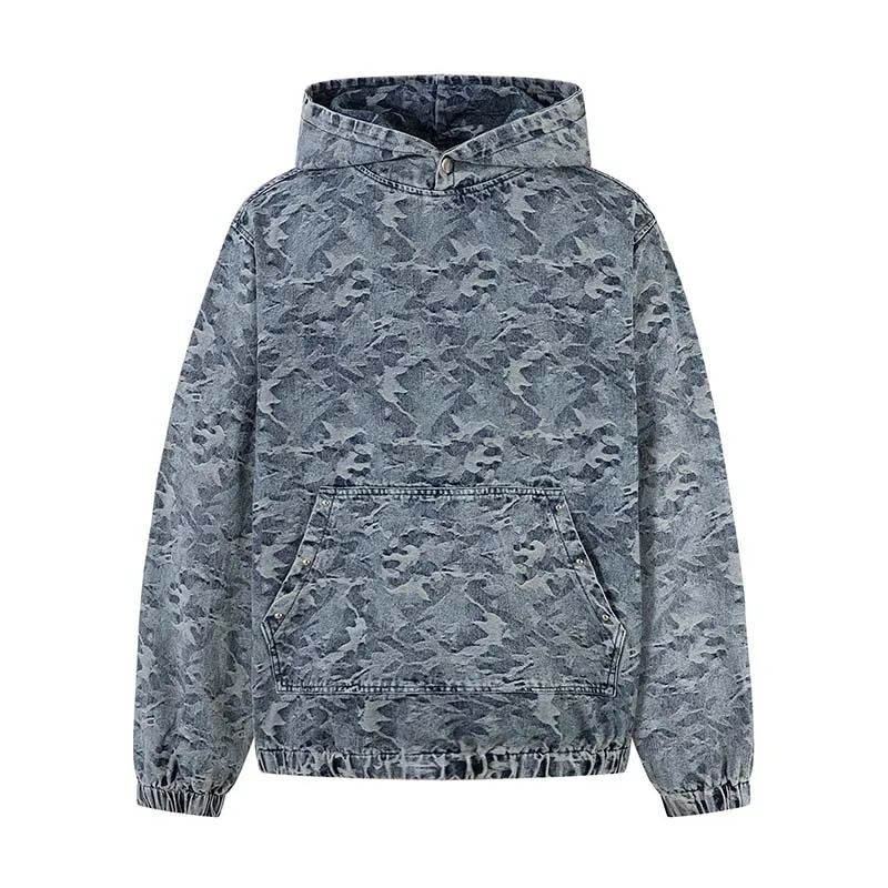 Men's Fashion Floral Jeans Hoodies High Streetwear Loose Fit Vibe Style Denim Sweatshirt For Male Hooded Pullover Hoody Tops