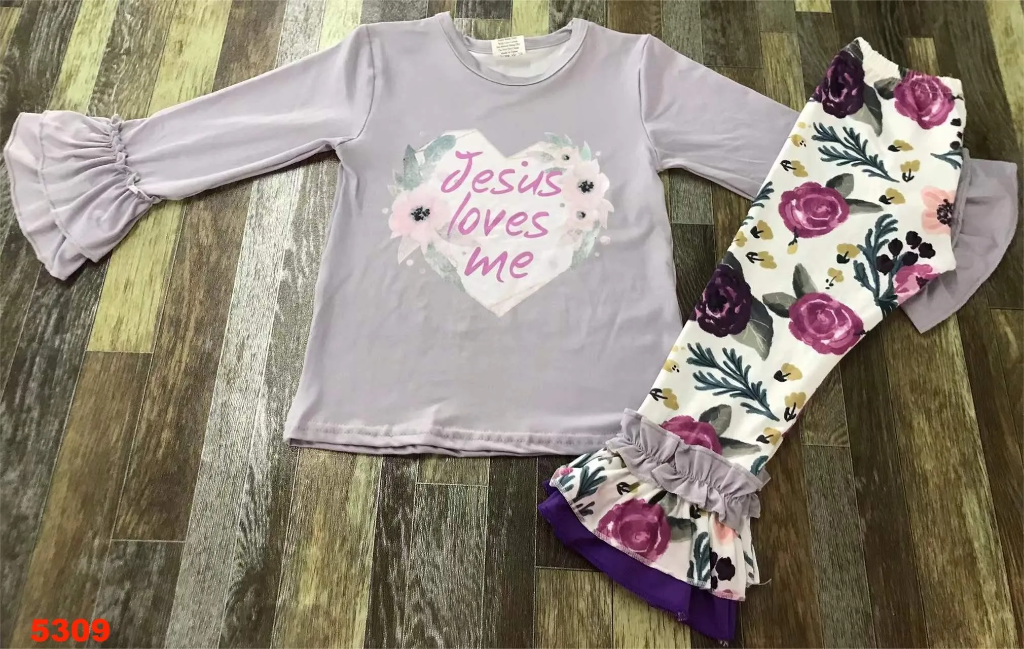 Blue Valentine's day Girls baby clothes Sets top, T-shirt + trousers, bell-bottoms love pattern of childrens clothing