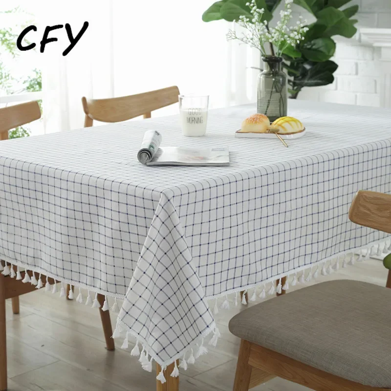 

American Style Blue Thread Thickened Plaid Cotton Linen RectangularTablecloth Home Coffee Dining Table Fireplace Microwave Cover