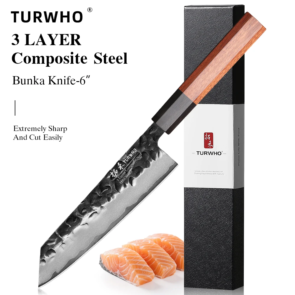 TURWHO Japanese bunka chef knife, 6 inch, 3-layer composite 10cr15mov,Ebony and Rosewood handle,kitchen meat utility fruit knife