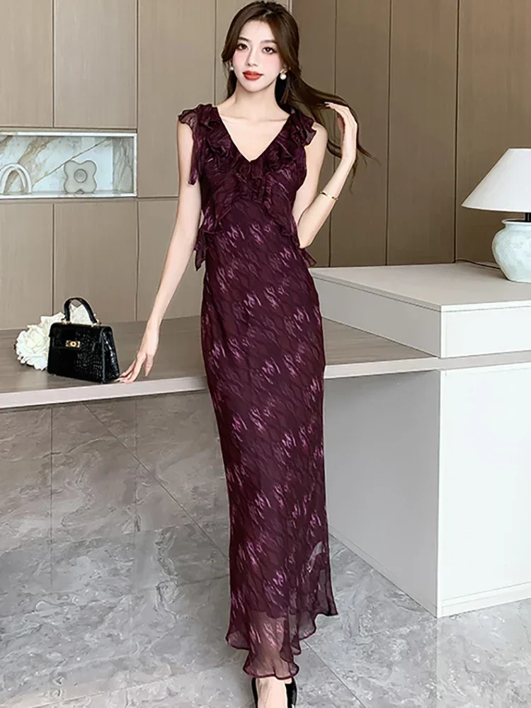 2025 الكورية أنيقة Bodycon فستان المرأة الأرجواني طباعة الشيفون تكدرت الخامس الرقبة الرافعة فستان مثير الصيف موضة فستان مناسبات غير رسمية