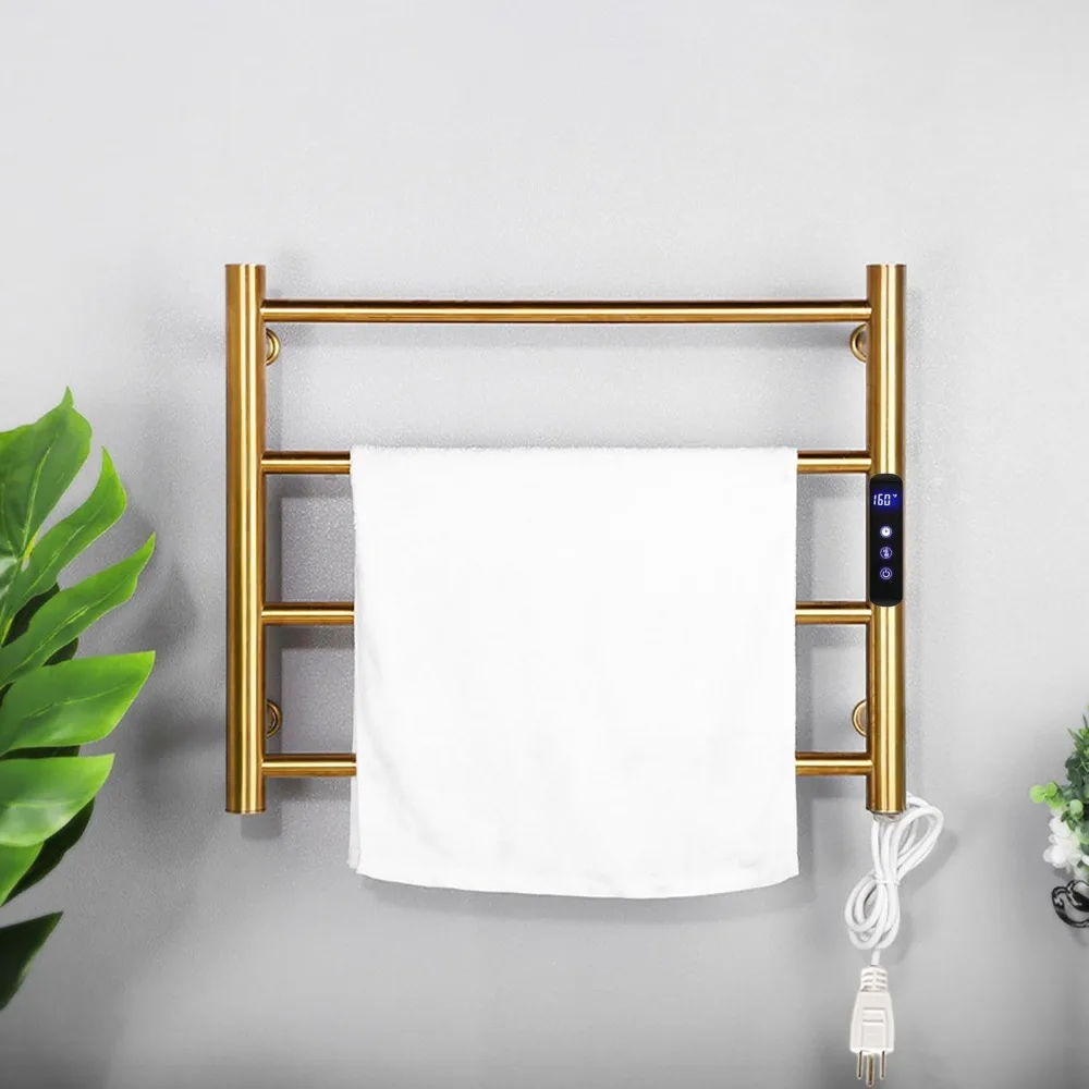 

Gold Electric Towel Warmer with 4 Bars, Wall-Mounted Bathroom Towel Rack featuring Timer and Temperature Control