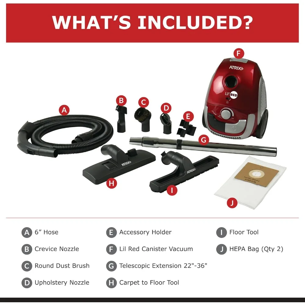 AHSC-1 Atrix Lil Red Canister Vacuum Portable Canister Vacuum مع فلتر HEPA سعة 2 لتر ومحرك متغير السرعة