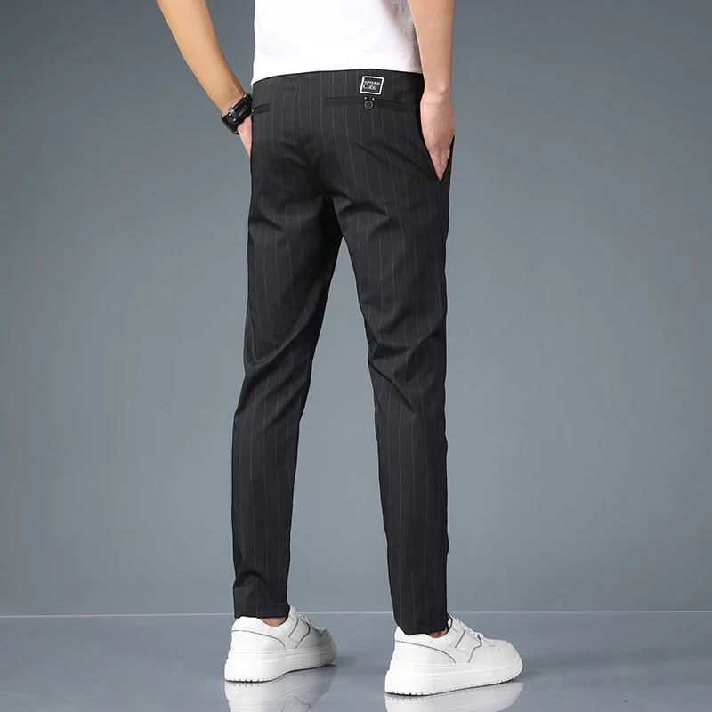 Moda listrado primavera verão fino calças casuais dos homens fino em linha reta clássico terno de negócios calças masculinas estiramento aconchegante calças coreanas