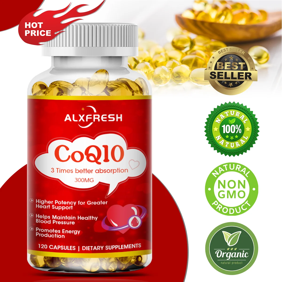 Alxfresh CoQ10 300mg | Coenzyme Q-10 |NonGMO,Gluten Free Vegan