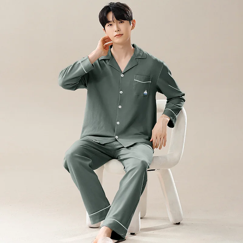 Men Sleepwear Solid Color Cotton Pajama Sets for Men Long Sleeve Long Pants Sleepwear Pyjama Male Homewear Lounge Wear Clothes