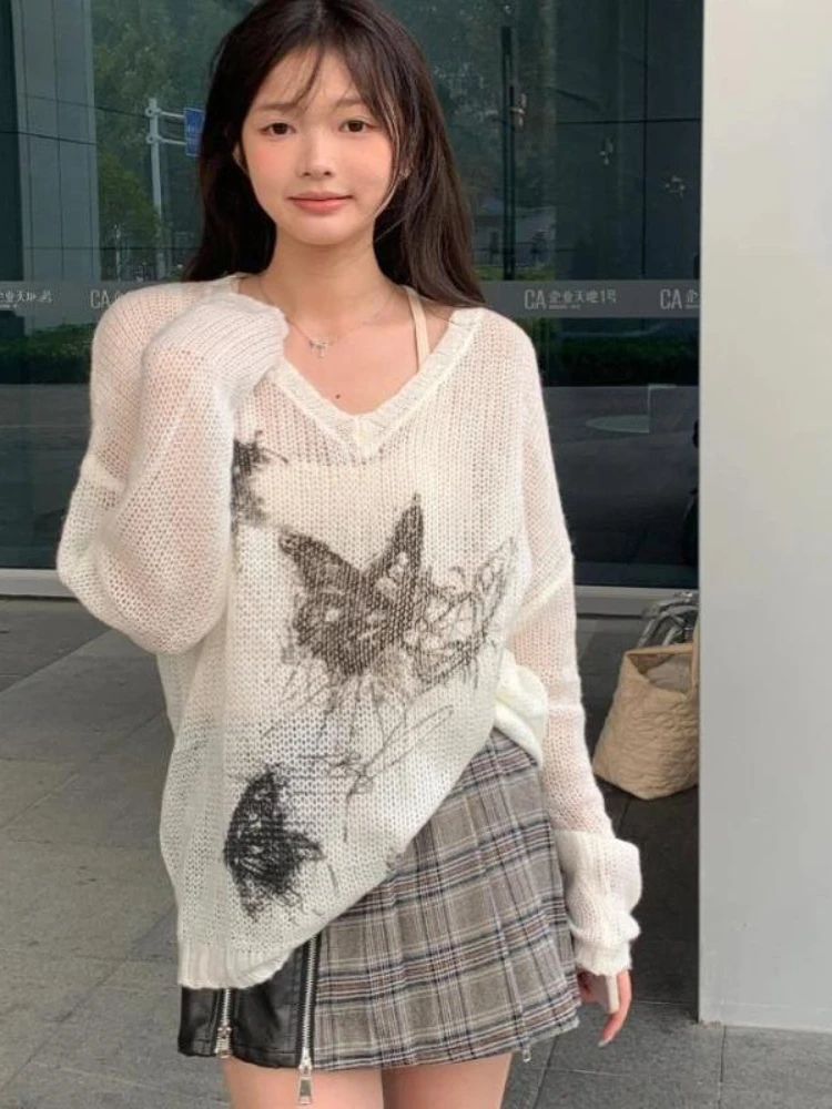 

HOUZHOU Harajuku Vintage Hollow Out Knitted Pullovers Women Autumn Butterfly Oversize Sweater Y2k Streetwear Korean Fashion