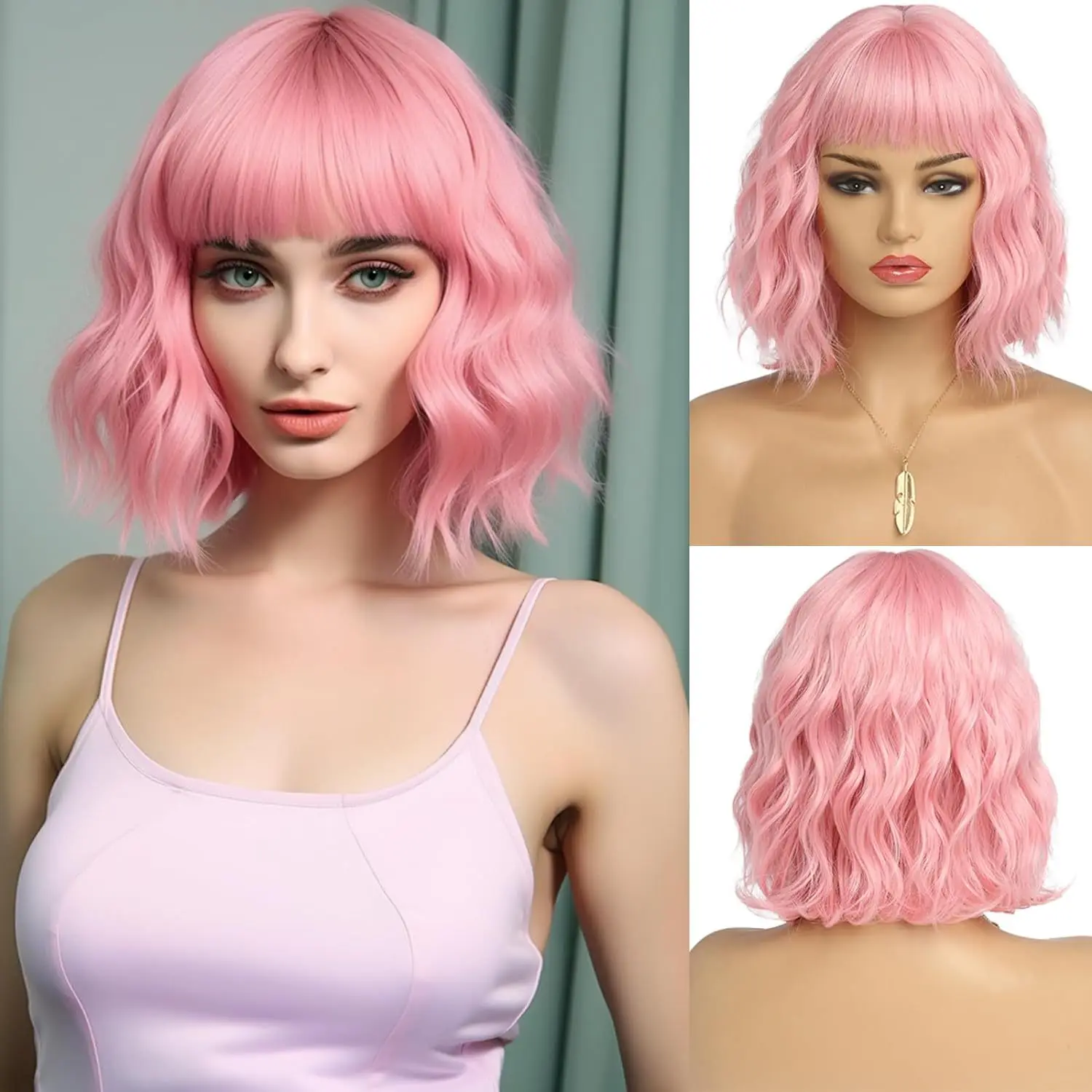 Synthetic Wigs Short Wave Orange Hair Bob Wigs with Bangs Curly Bob Wigs For Women Lolita Cosplay Heat Resistant