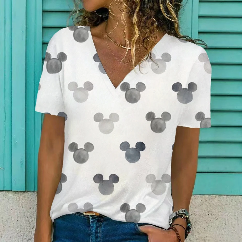 T-shirt imprimé Disney Minnie pour femme, décontracté, col en V, respirant, rue, été