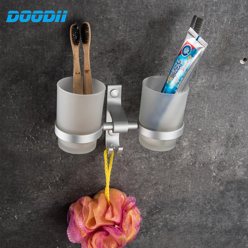 DooDii 1 Set High Quality Wall-mount Space Aluminum Cup holder Glass Cups Bathroom Accessories Double Toothbrush holder