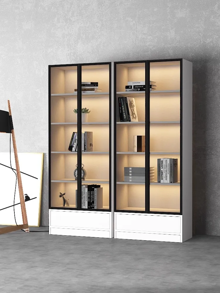 Light luxury floor-to-ceiling glass door bookcase display cabinet Modern simple bookshelf Household figure locker Whole wall