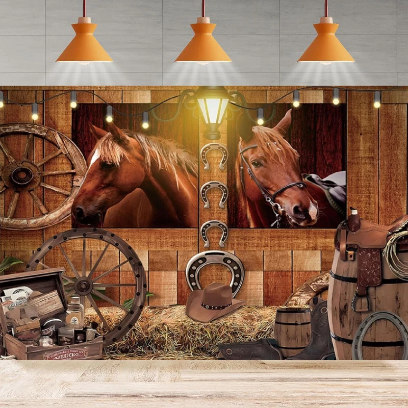 Western Wild Stable Photography Backdrop Cowboy Wooden Grain Brown Barn Wooden Wheel Birthday Background Party Backdrop Wall