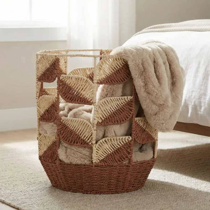 Large Capacity Rattan Storage Basket for Bedroom Living Room Laundry Dirty Clothes Organizer Paper Rope Sundries Sorting