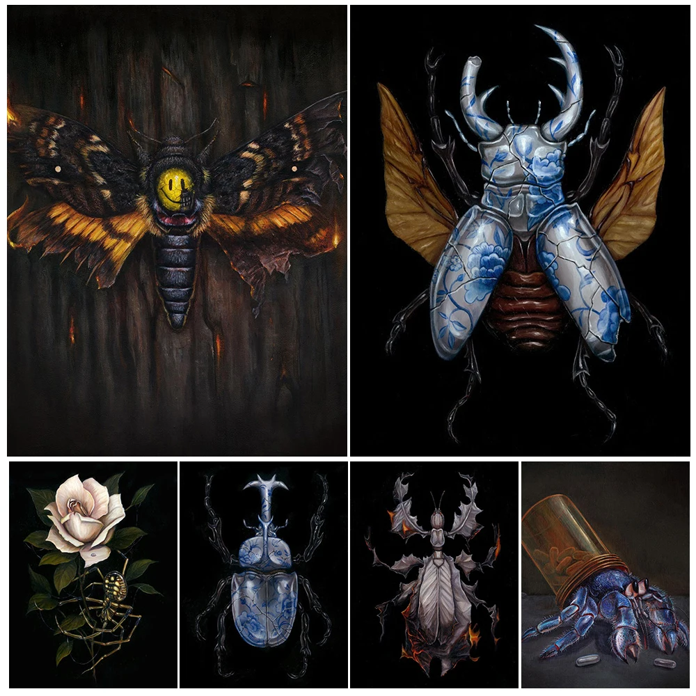 Burning Smiling Moth And Blue Beetle Vitnage Wall Art Canvas Print Poisonous Spider And Rose Wiccan Insect Art Poster And Print