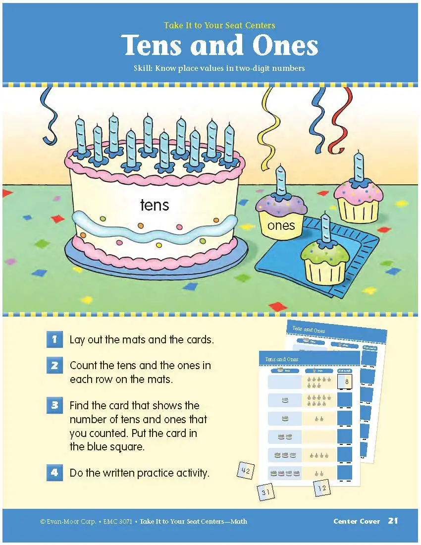 Evan-Moor Levá-lo para o seu assento Centros de Matemática Núcleo Comum, Grade 1 Workbook, Inglês Livro, Idade 5, 6, 7, 8, 9781609637804