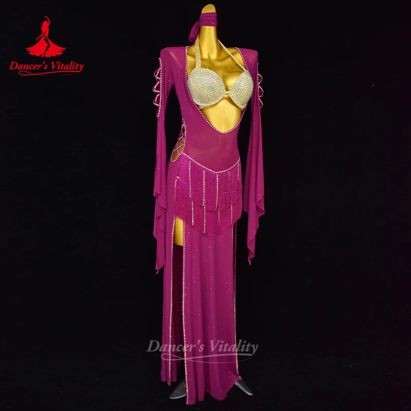 Roupões de desempenho de dança do ventre para mulheres sexy franja robe + sênior ab pedras sutiã + lenço 3 pçs adulto shaabi balady saidy outfit