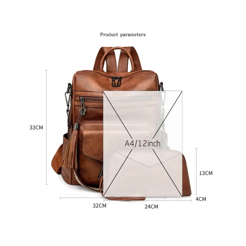 2026 Women's PU Leather Waterproof Anti-Theft Large Retro College Travel Backpack Shoulder Bag with Tassel Detail