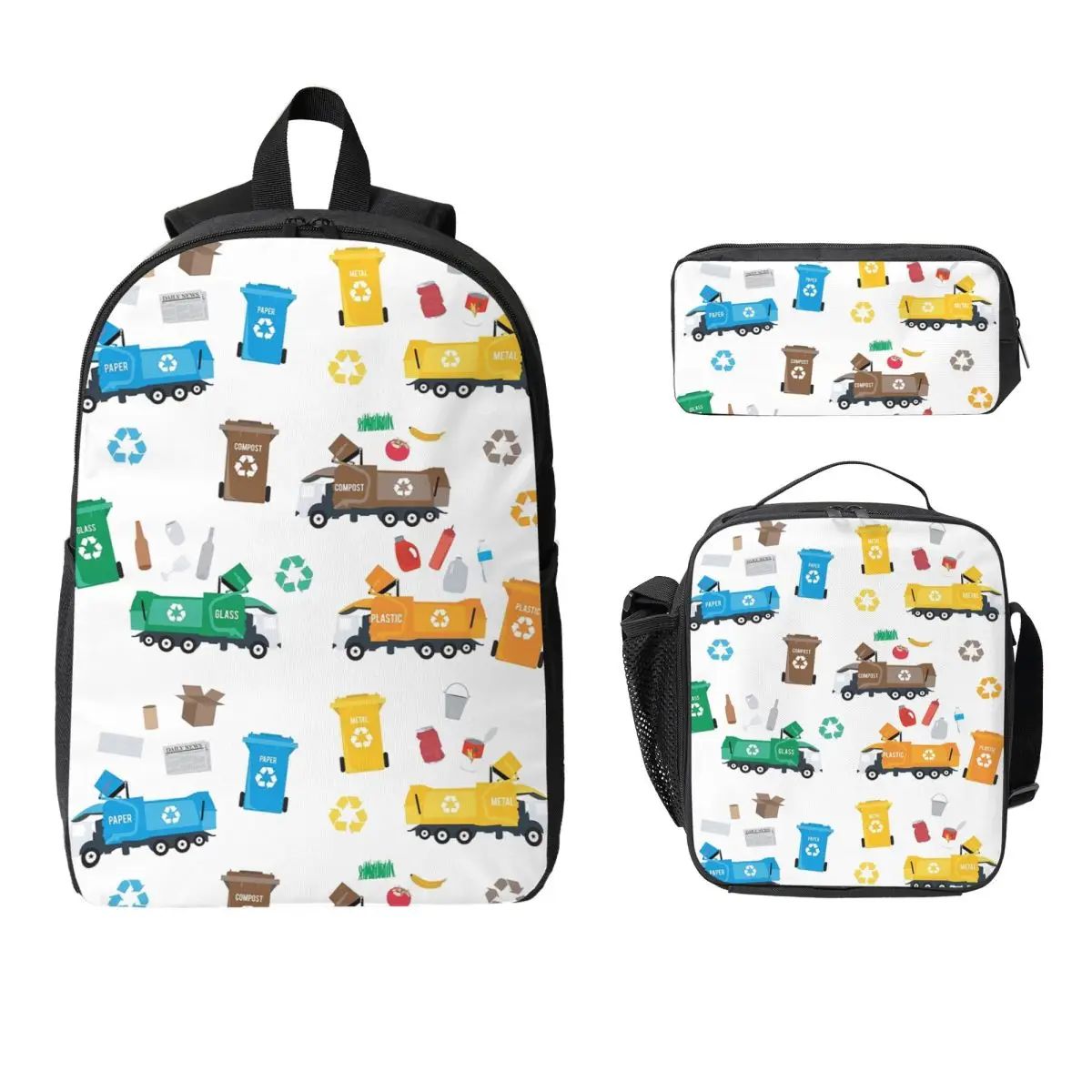 

Colorful Recycling Garbage Trucks & Bins Backpack Student Boys Girls BookBag School Bag 3ps Insulated Lunch Bag Pencil Case