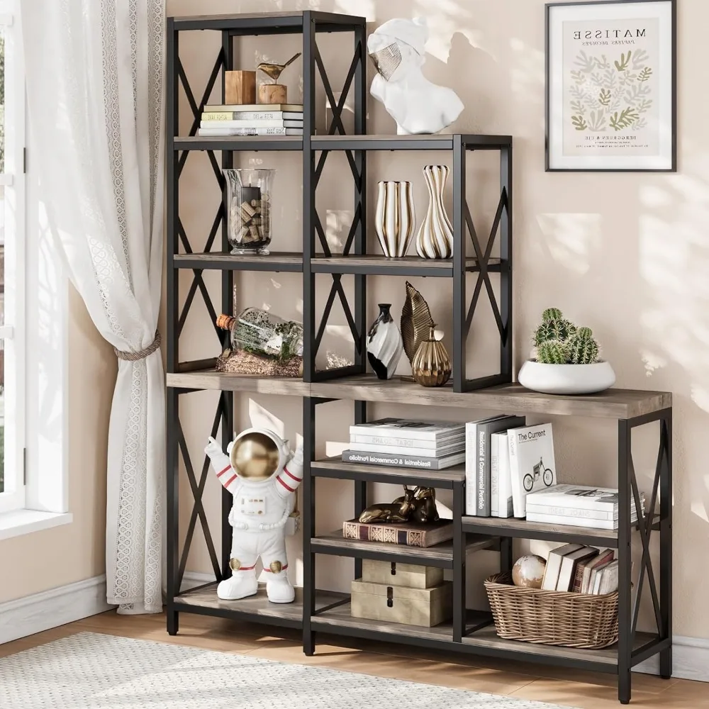 Ladder Boekenkast, 14 Opbergplanken, Woonkamer Boekenkast Met Metalen Frame, Multi-Tier Boekenkast, Moderne Kunst Boekenkasten