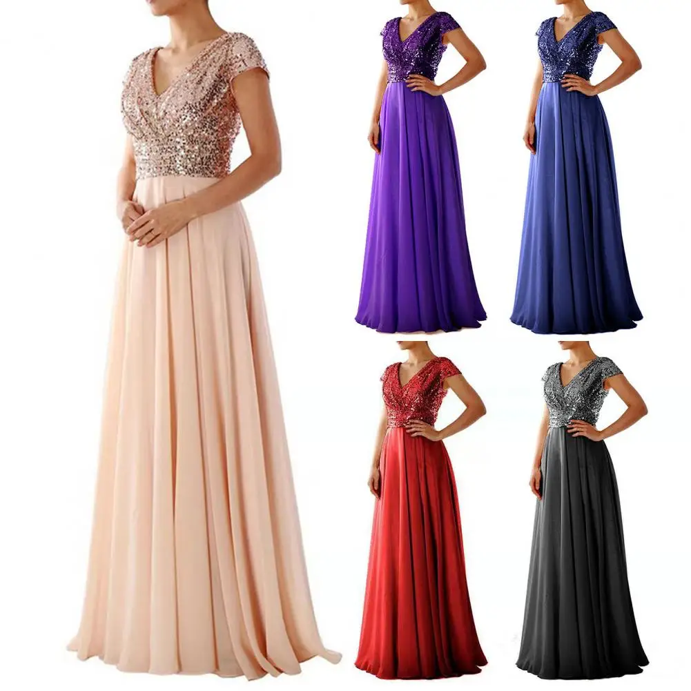 Popular Evening Dress Floor Length Dressing Up Soft Luxury Shiny Sequins Chiffon Splicing Bridesmaid Dress