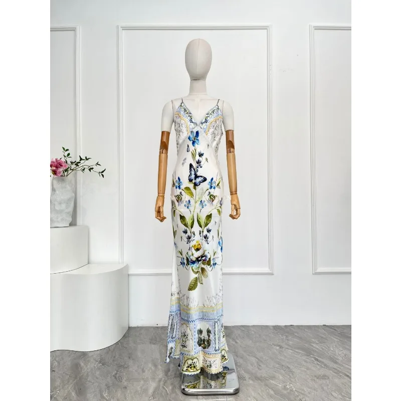 Cut Out Waist Halter Midi Dress for Holiday New High Quality Silk Blue Floral Print Sleeveless