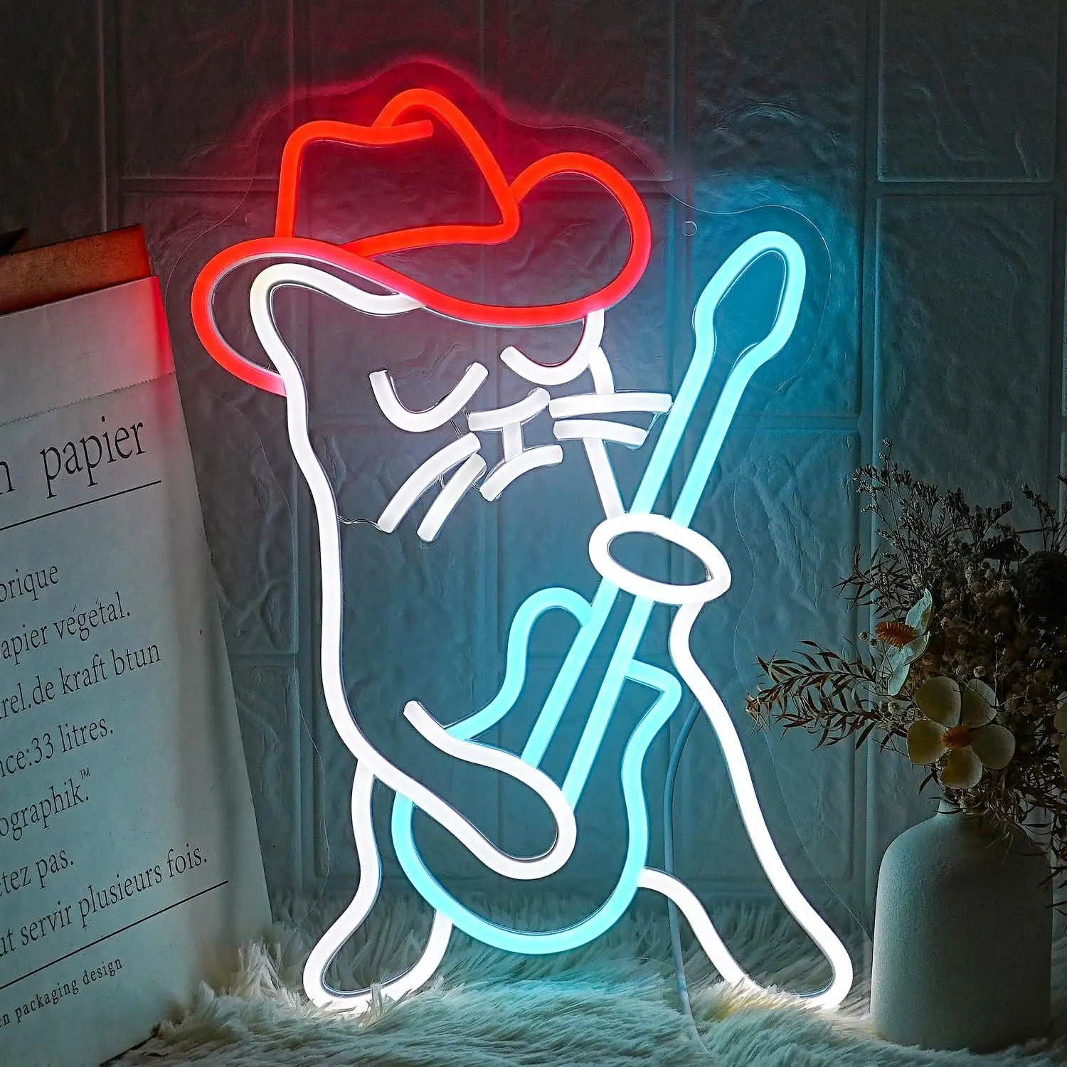 Funny Cartoon Cat Playing Blue Electric Guitar LED Neon Sign for Home Bar Cafe Bedroom Party Decor  Wall Art Lighting Gift