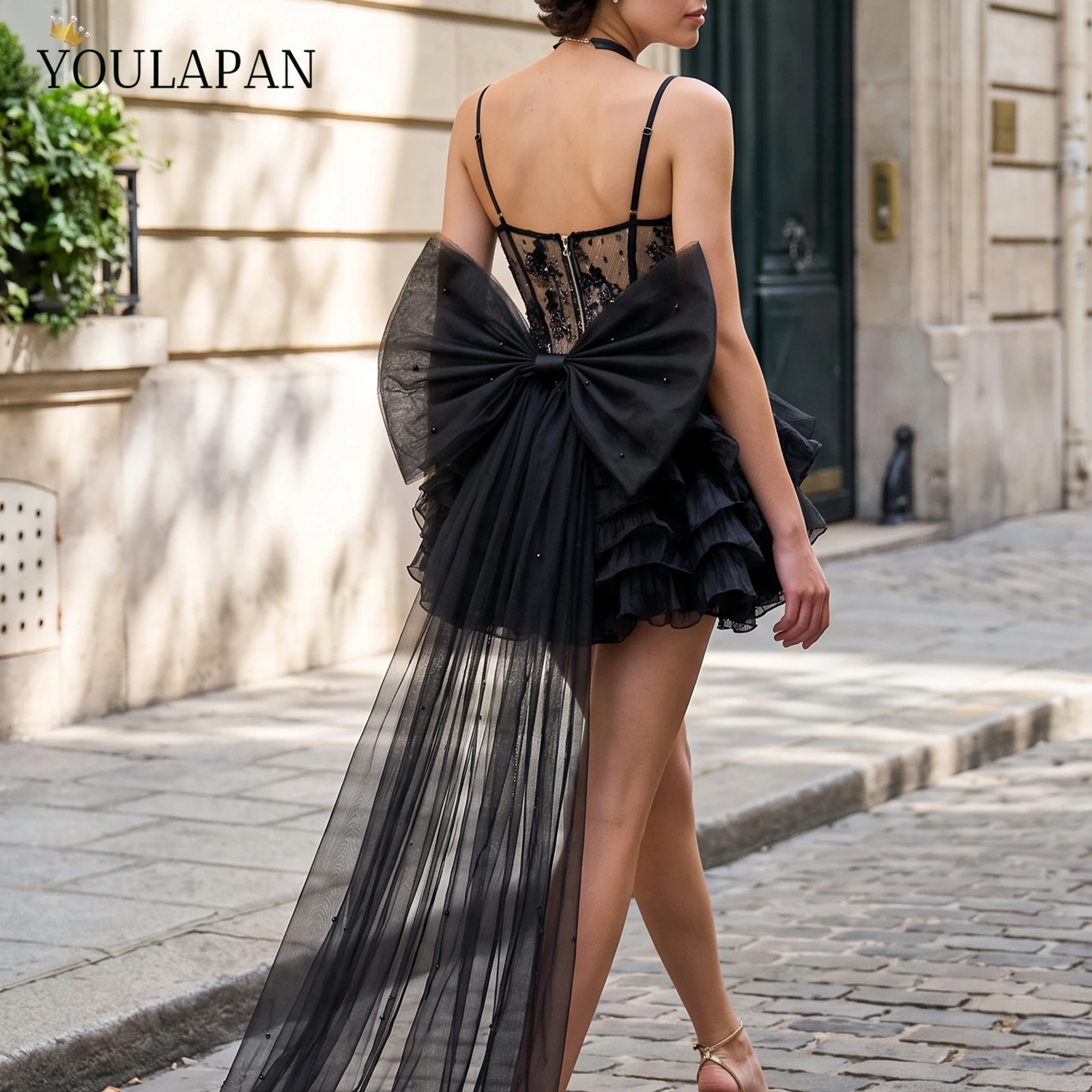 TOPQUEEN Black Big Bow Pearl Tulle Train Para Novia Detachable Bridal Bow Waist Sash With Long Tulle Trail Safety Pin VB56