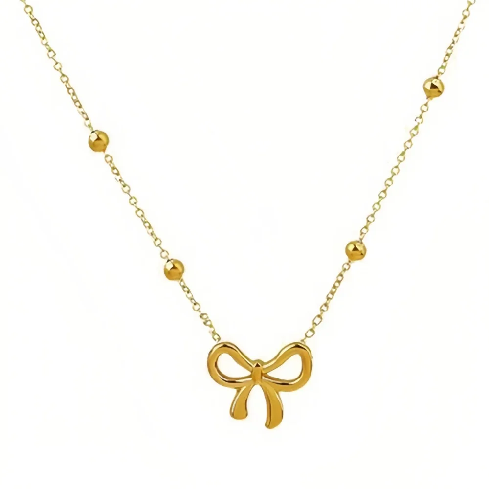 Edelstahl-Schleifenanhänger-Halskette, einfache Perlenkette, Schlüsselbeinkette für Damen, modischer Schmuck, Geschenk-Accessoires – Detail 5