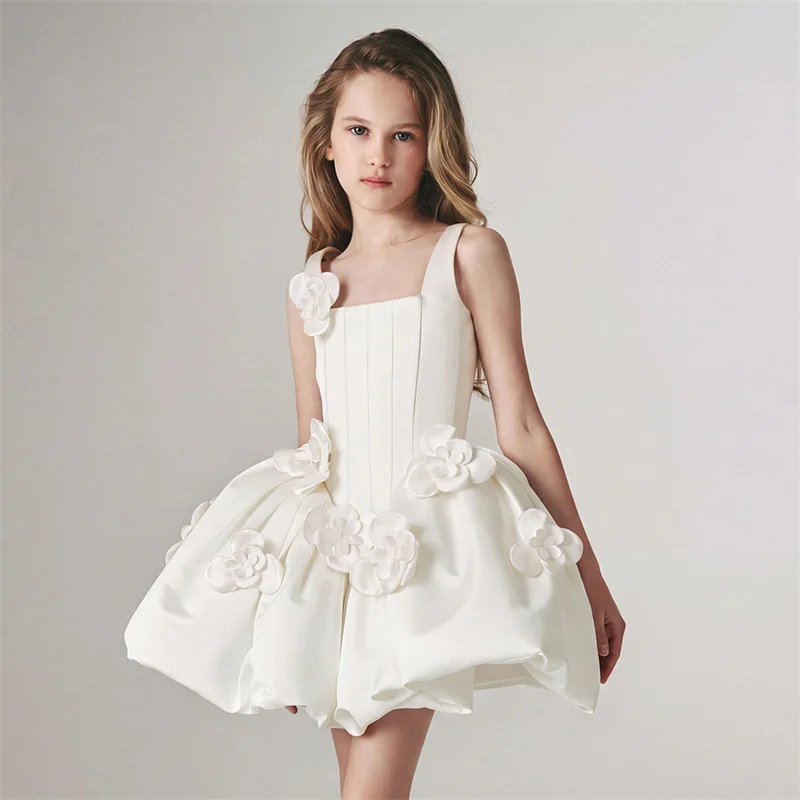 Children Elegance Party Dresses Girls Evening Banquet Solid 3D Flower Gown Kids Sleeveless Tank Performance Puff Skirt