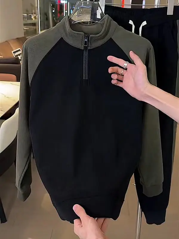 

Autumn Winter New Half Zipper Fleece Lined Stand Collar Long Sleeve Men's Hoodie Fashionable Loose Versatile Warm Top