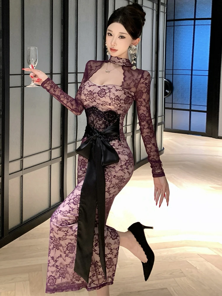 Robe de soirée élégante en dentelle violette pour femmes, moulante, avec nœud, découpes, fente au dos, serrée aux hanches, luxueuse, pour événement, fête, bal de promo